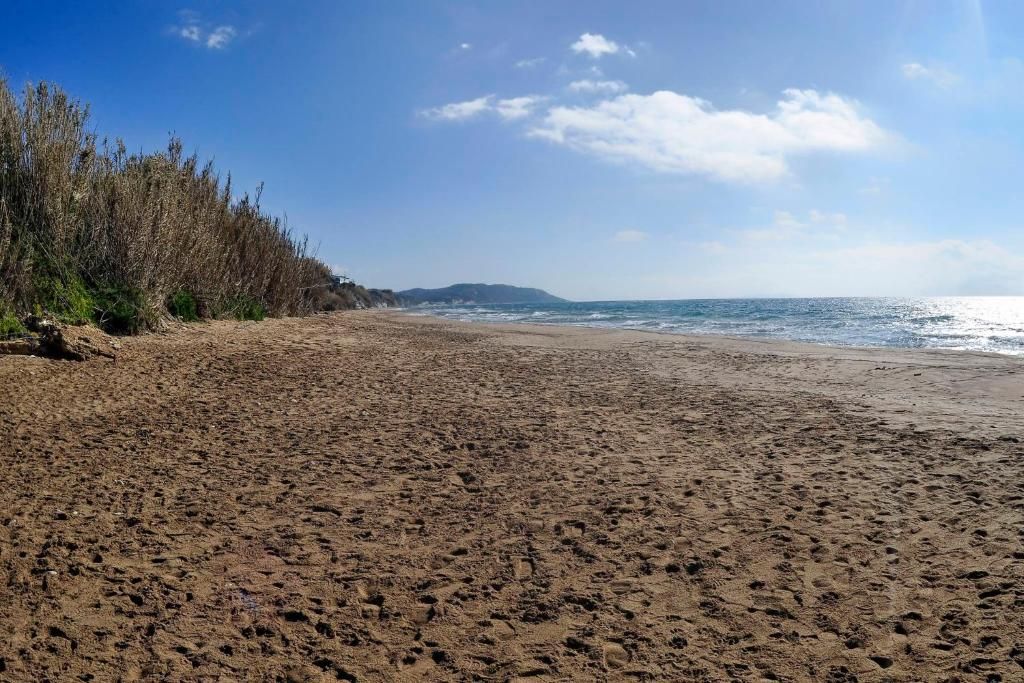 The wide sandy beach of Agios Georgios backed by green vegetation
